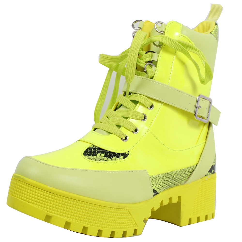 NEON Yellow Lace Up Lug Platform Block Heel Boot - Picture 2 of 7